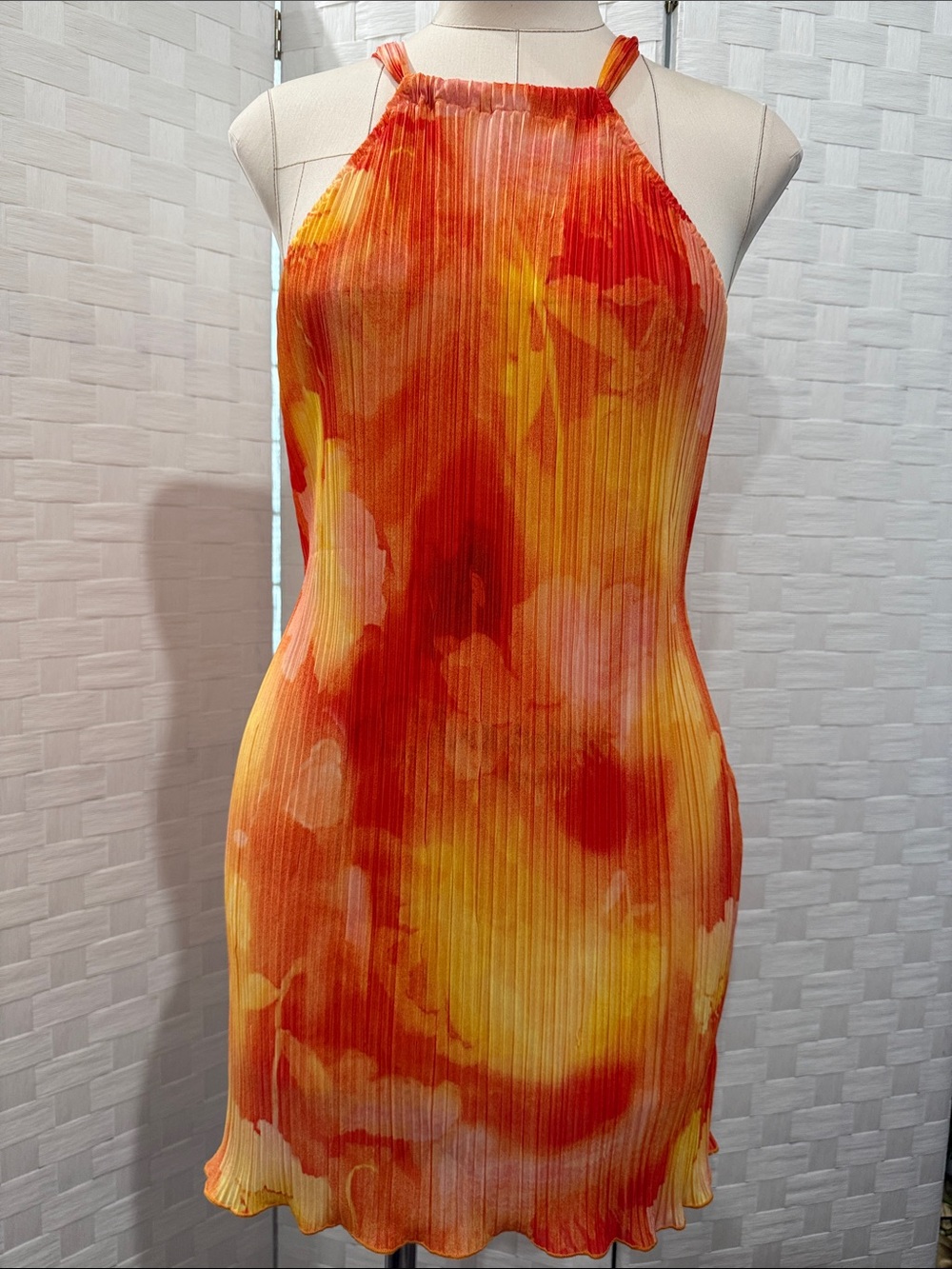 SHEIN Orange & Yellow Halter Pleated Mini Dress